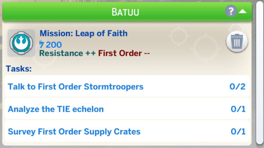 A screenshot from The Sims 4 showing a mission for the first order