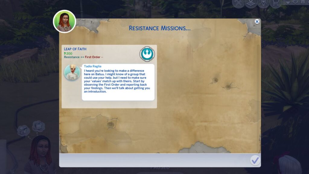 A screenshot from The Sims 4 showing the available missions for the resistance