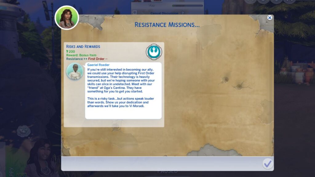 A screenshot from The Sims 4 showing the resistance missions menu