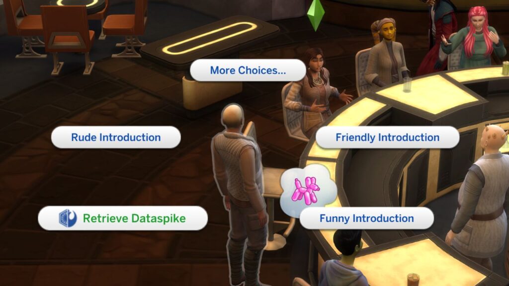 A screenshot from The Sims 4 showing how to retrieve dataspike from a sim in Oga's Cantina