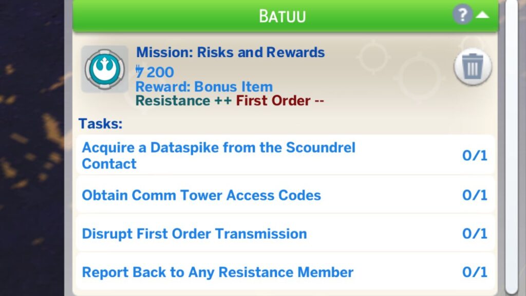A screenshot from The Sims 4 showing the information for the risks and rewards resistance mission