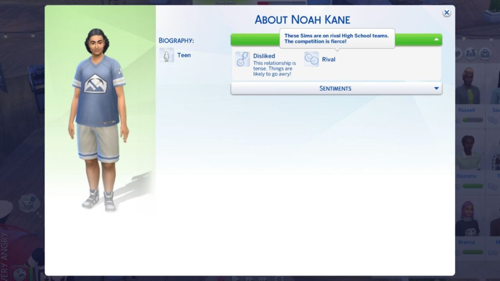 A screenshot from The Sims 4 showing the profile of Noah Kane, a sim who is the rival of my sim
