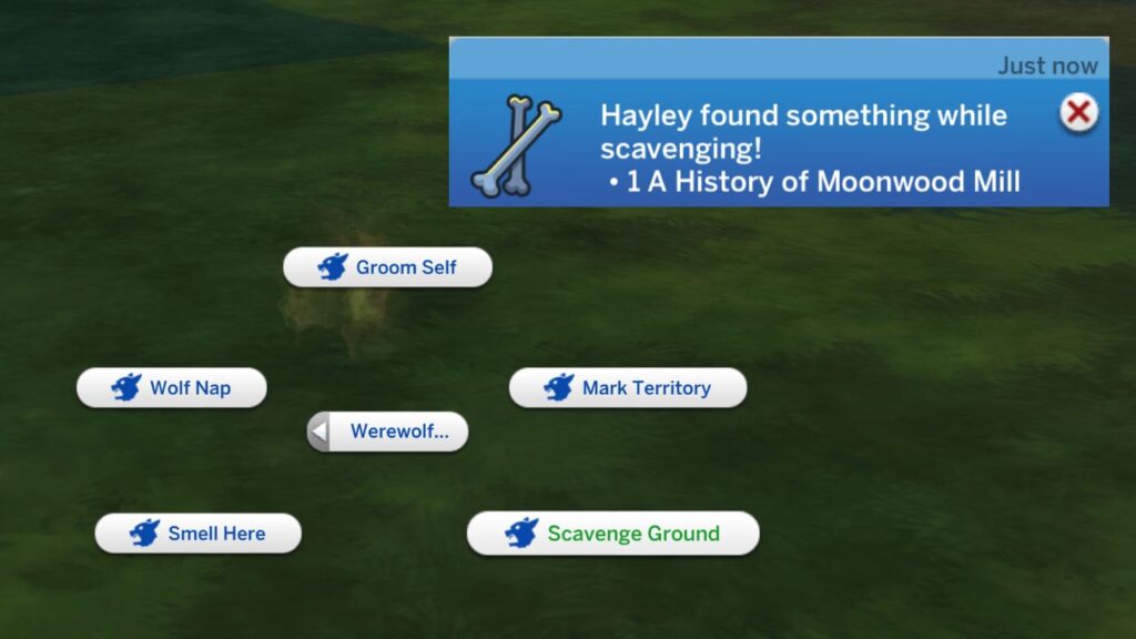 A screenshot from The Sims 4 showing the option to scavenge the ground and a notification saying the sim found the history of moonwood mill