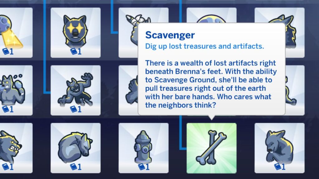 A screenshot from The Sims 4 showing the scavenger werewolf perk