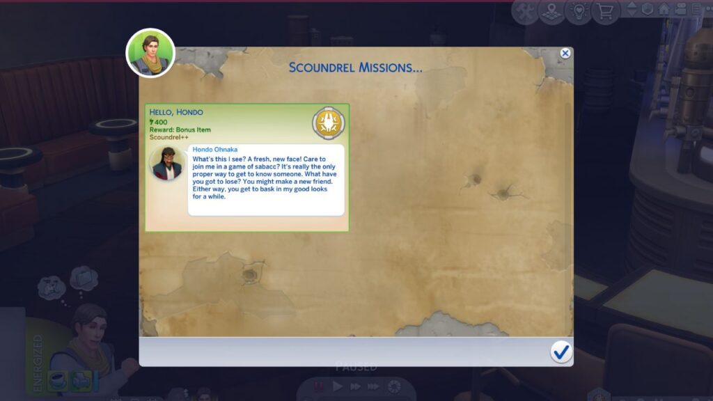 A screenshot from The Sims 4 showing the scoundrel missions menu