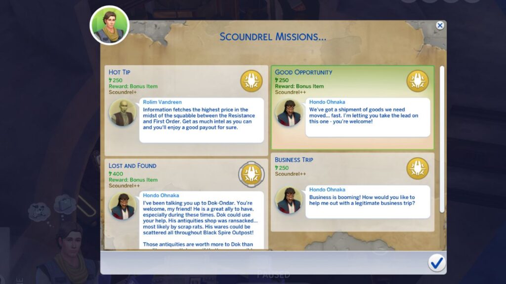 A screenshot from The Sims 4 showing the scoundrel missions that are available
