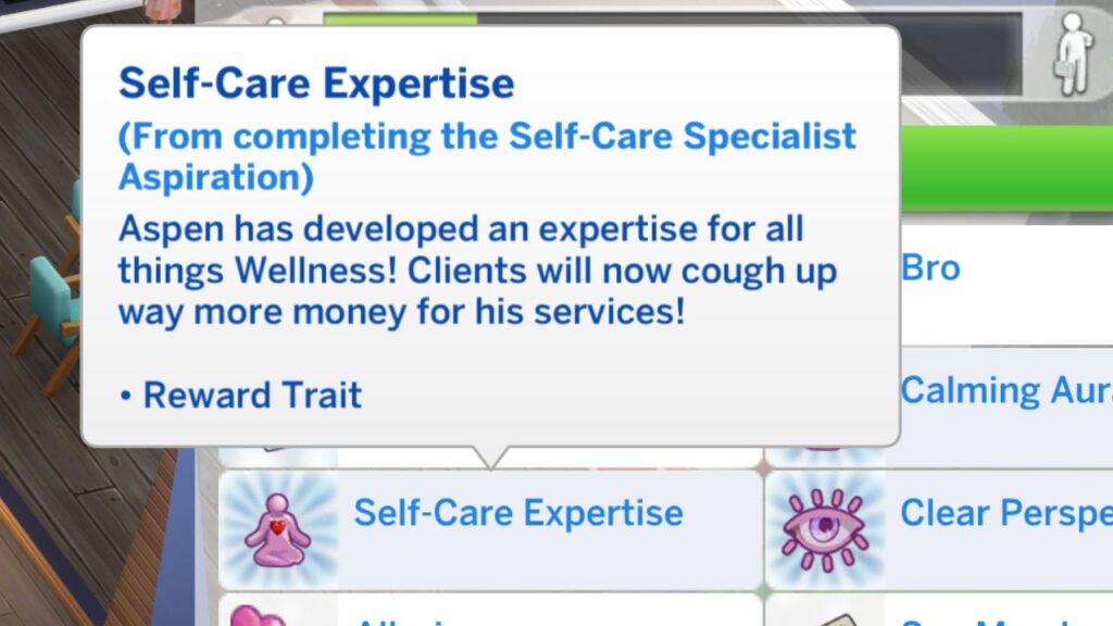 A screenshot from The Sims 4 showing the self-care expertise trait 