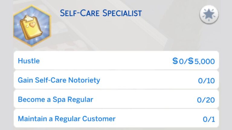 A screenshot from The Sims 4 showing the tasks for the self care specialist aspiration