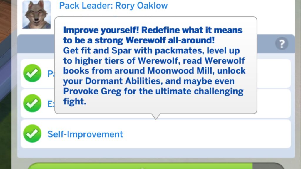 A screenshot from The Sims 4 showing the tasks you can do for self improvement in the wild fangs