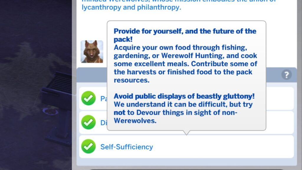 A screenshot from The Sims 4 showing the self-sufficiency tasks you can do to level up in the moonwood collective