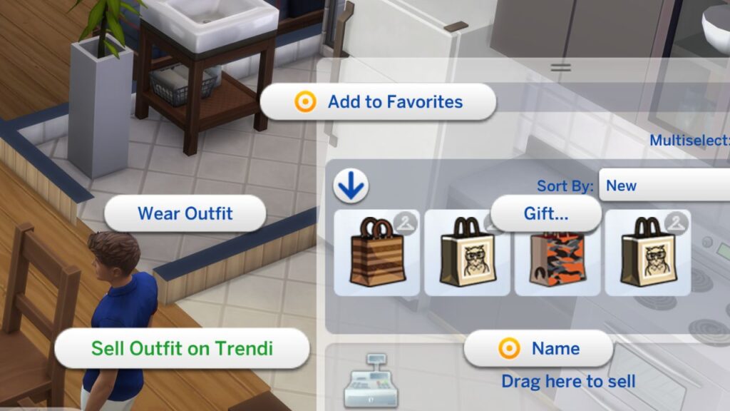 A screenshot from The Sims 4 showing how to list outfits on trendi