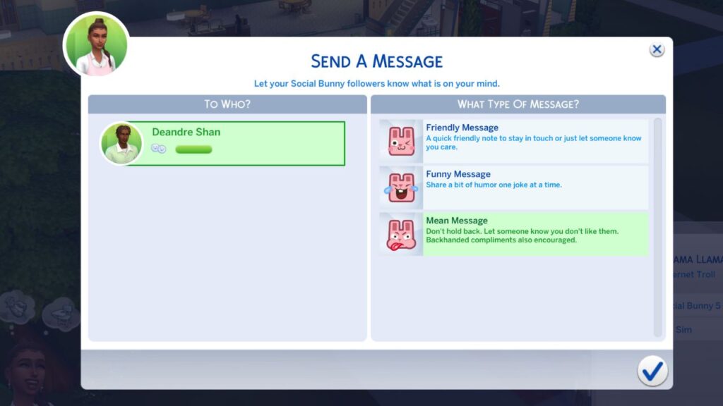 A screenshot from The Sims 4 showing the option to send a mean message to another sim on social bunny