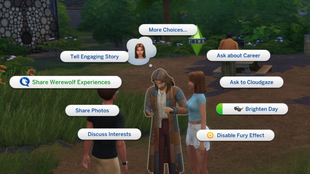 A screenshot from The Sims 4 showing the option to share werewolf experiences with another werewolf 