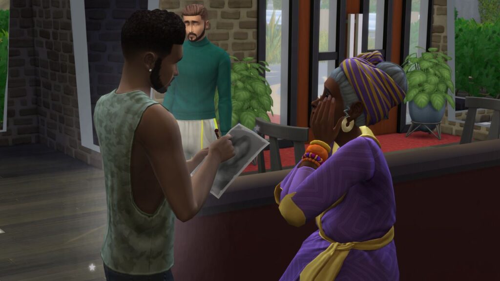 A screenshot from The Sims 4 showing a sim signing an autograph for their fan 