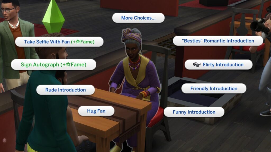 A screenshot from The Sims 4 showing the option to sign autographs for fans 