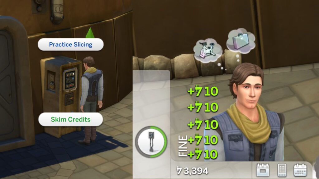 A screenshot from The Sims 4 showing the skim credits option and a sim being given credits in 10 increments