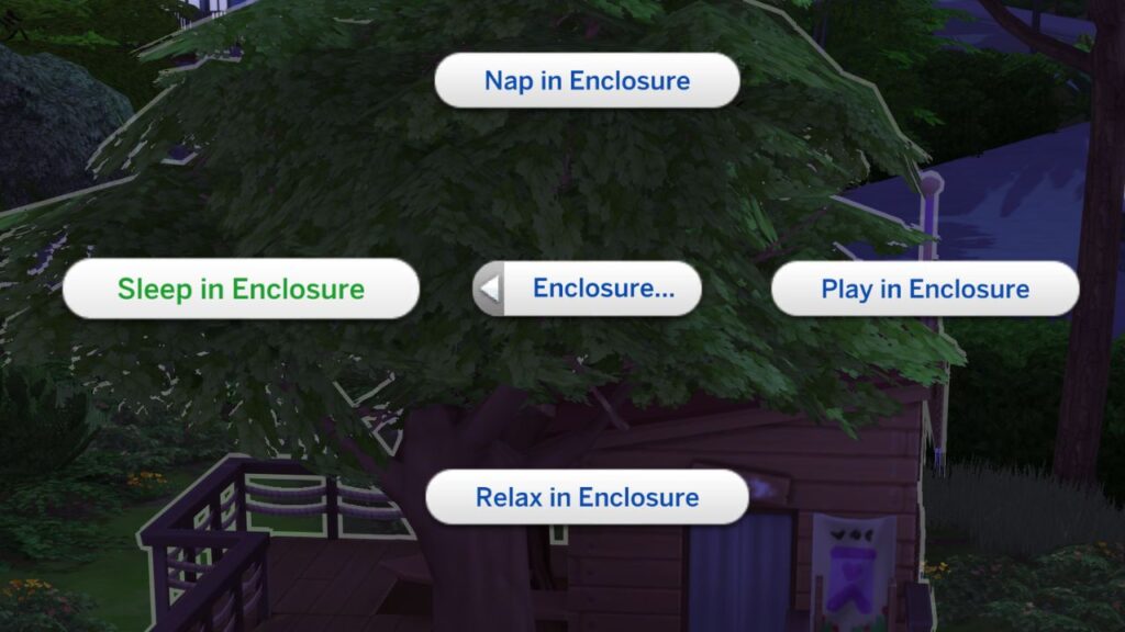 A screenshot from The Sims 4 showing the option to sleep in enclosure on a treehouse