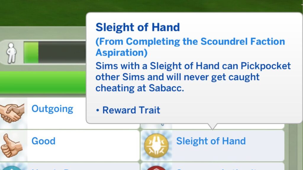 A screenshot from The Sims 4 showing the sleight of hand aspiration reward trait