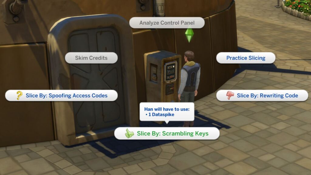 A screenshot from The Sims 4 showing the option to slice a control panel to scramble the keys