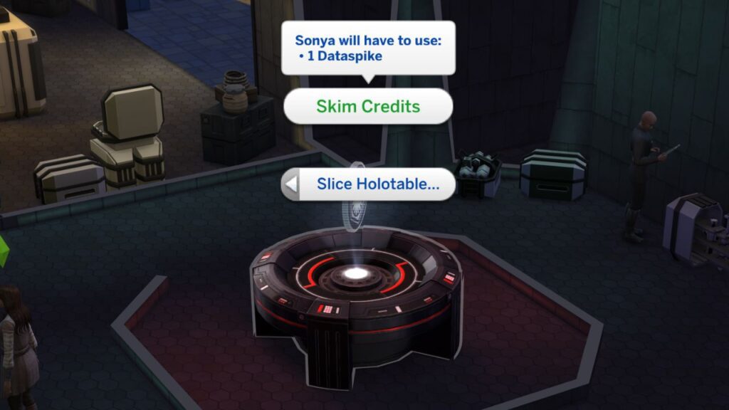A screenshot from The Sims 4 showing the option to skim credits from the holo table
