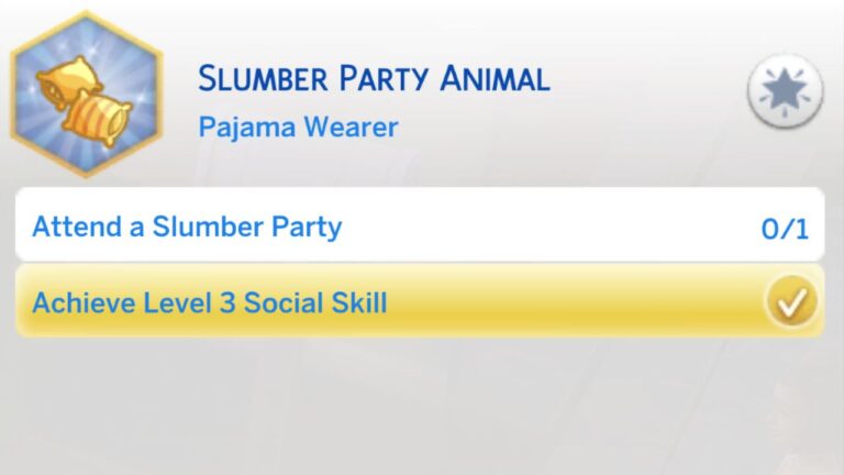 A screenshot from The Sims 4 showing the first stage of the slumber party animal aspiration