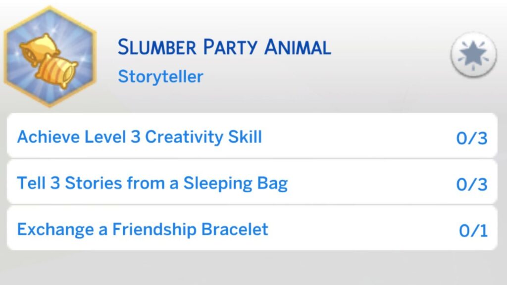 A screenshot from The Sims 4 showing the second stage of the slumber party animal aspiration
