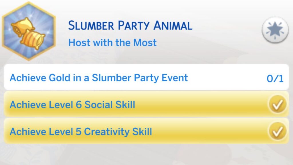 A screenshot from The Sims 4 showing the third stage of the slumber party animal aspiration