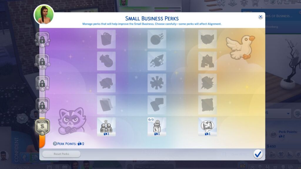 A screenshot from The Sims 4 showing the small busineess perk menu
