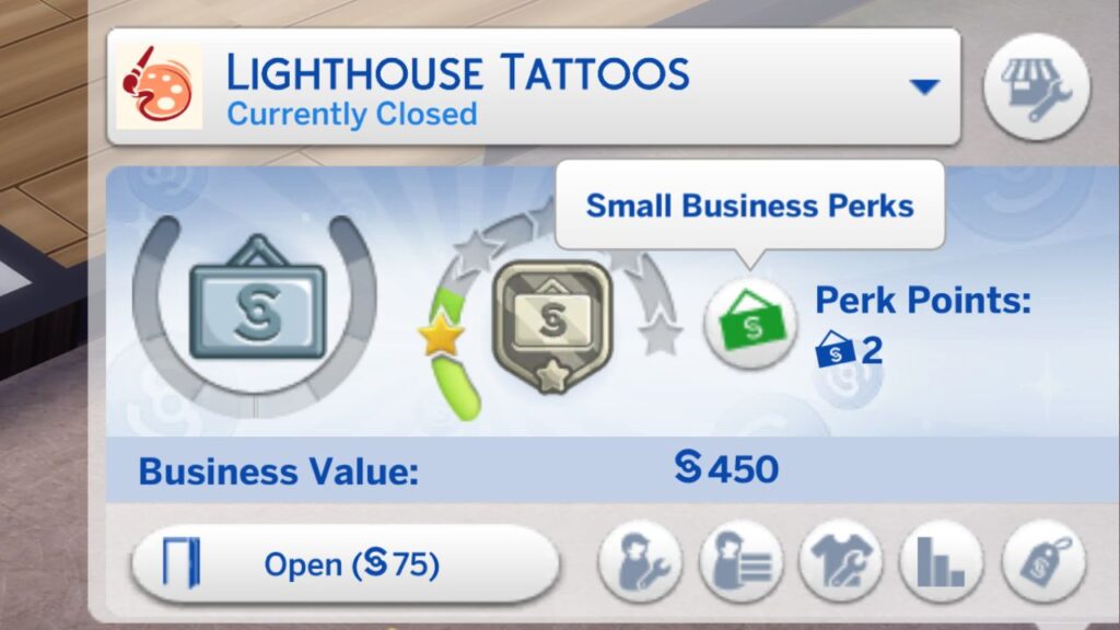 A screenshot from The Sims 4 showing where to purchase perks for a small business