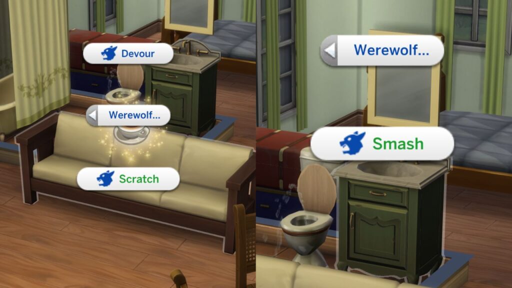 A screenshot from The Sims 4 showing the options to scratch a couch and smash a sink as a werewolf