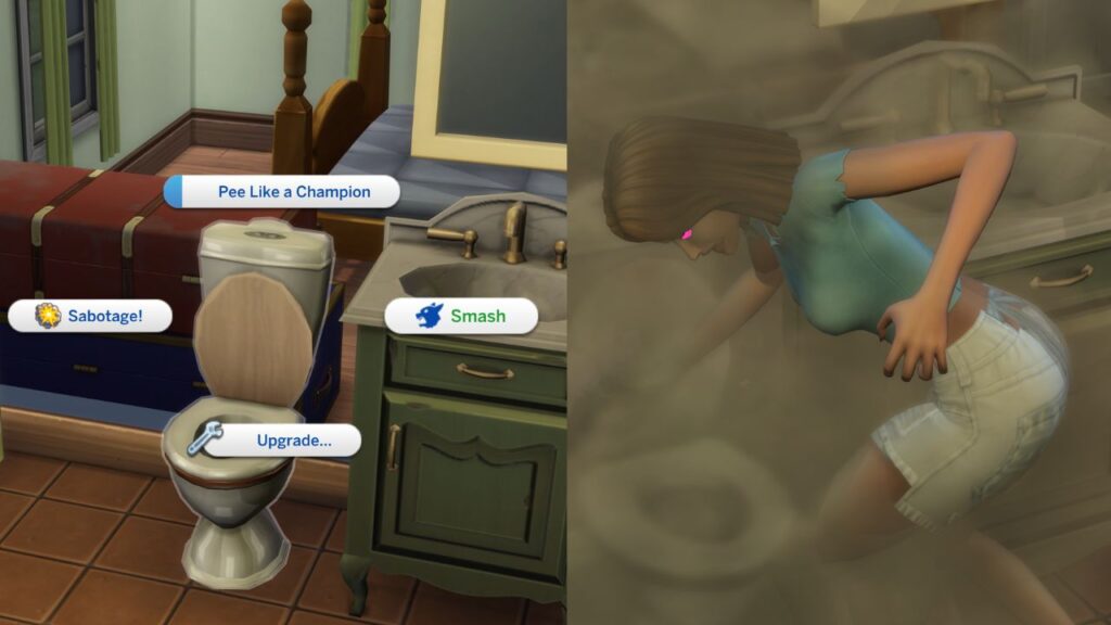 A screenshot from The Sims 4 showing the option for a werewolf to smash a toilet