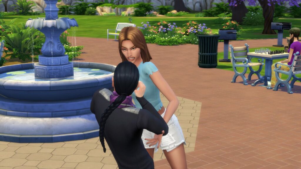 A screenshot from The Sims 4 showing a female sim snarling at another sim who is wearing a scarf