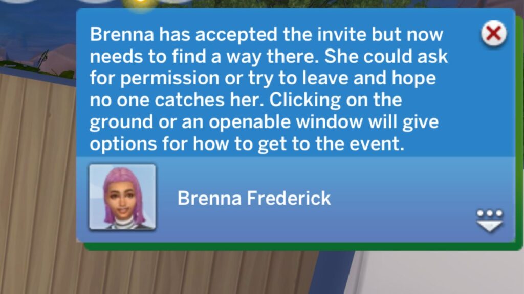 A screenshot from The Sims 4 showing the notification you get when you get an invite to college parties