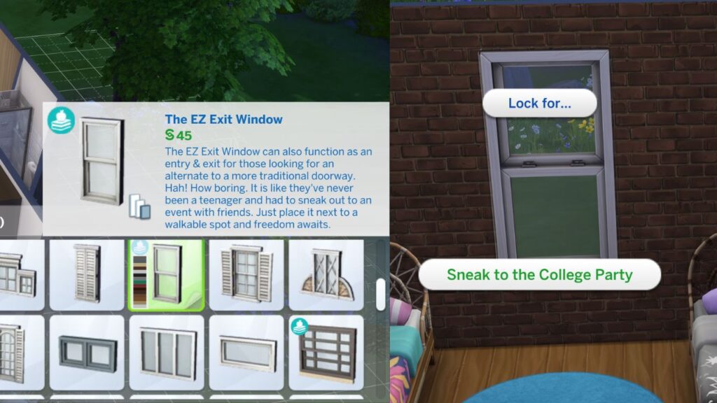A screenshot from The Sims 4 showing The EZ Exit window that sims can sneak out of