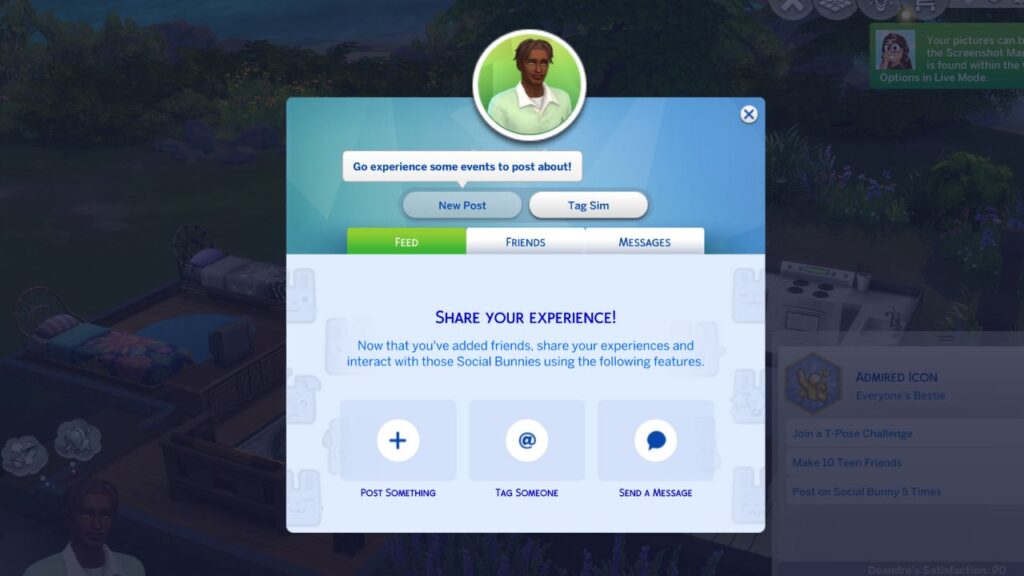 A screenshot from The Sims 4 showing that you need to have life events to post on social bunny