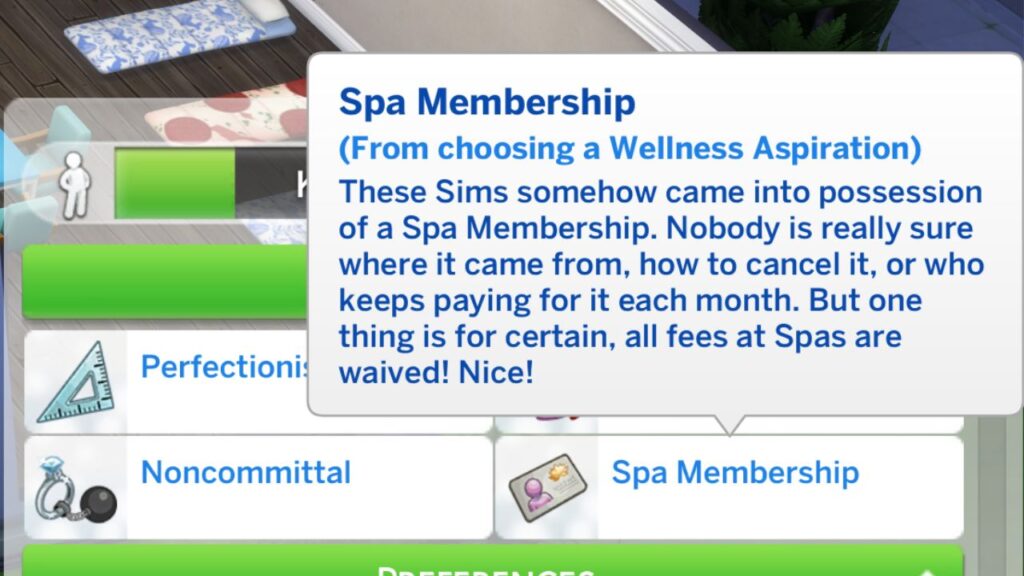A screenshot from The Sims 4 showing the Spa Membership bonus trait for wellness aspirations 