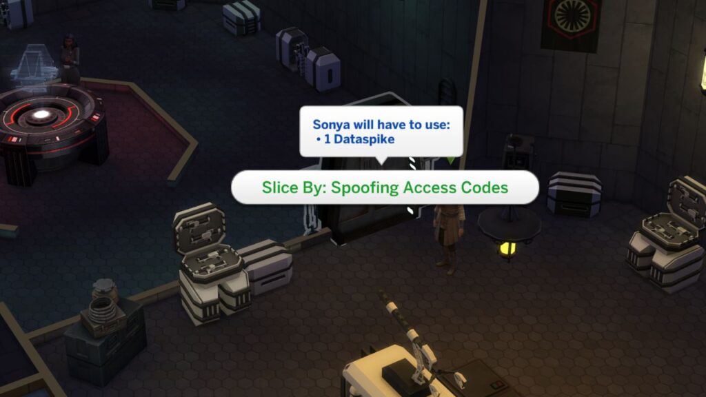 A screenshot from The Sims 4 showing how to slice by spoofing access codes to get to the holo table in the first order cargo building