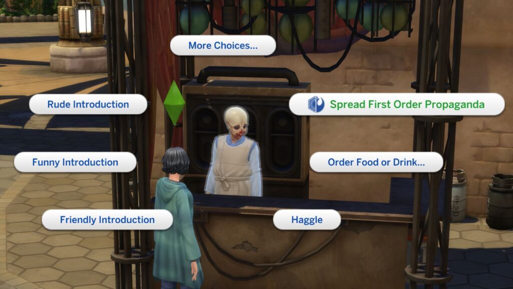 A screenshot from The Sims 4 showing the interaction to spread first order propaganda in batuu