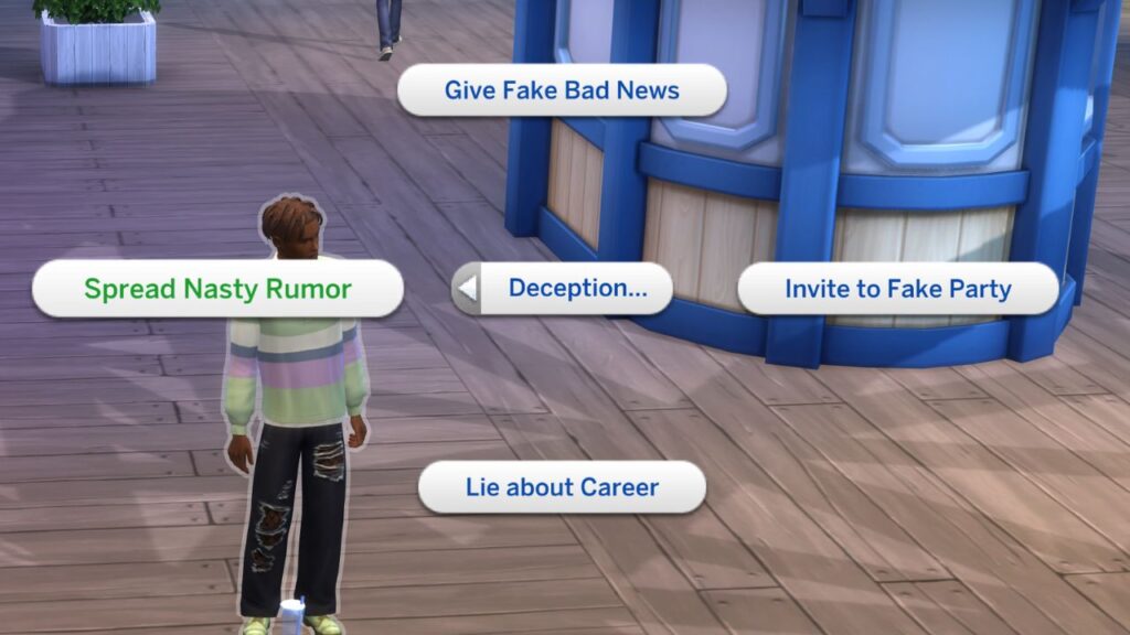 A screenshot from The Sims 4 showing the option to spread nasty rumor in the deception category