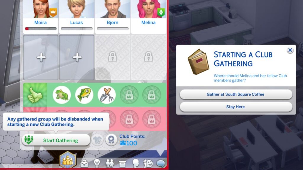 A screenshot from The Sims 4 showing how to start a club gathering