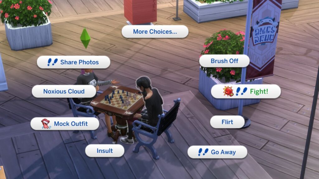 A screenshot from The Sims 4 showing the option to fight another. sim
