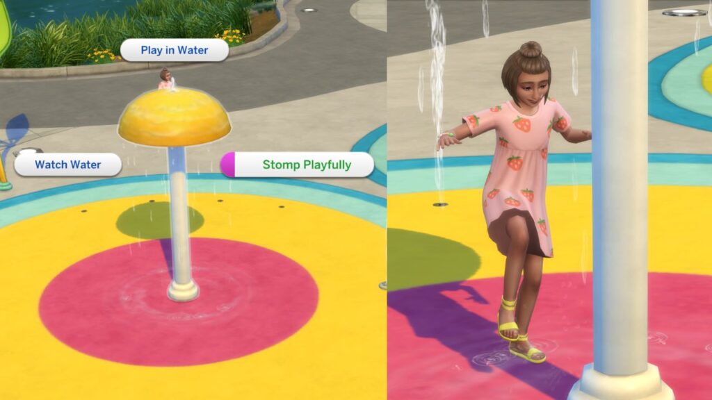 A screenshot from The Sims 4 showing the option to stomp playfully on a splash pad