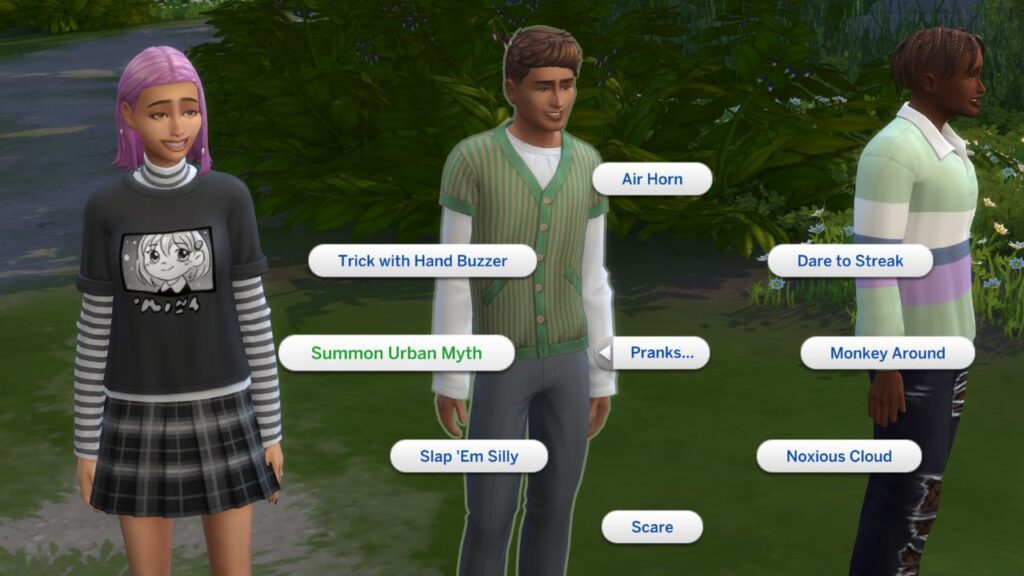 A screenshot from The Sims 4 showing the option to Summon Urban Myth under the pranks category