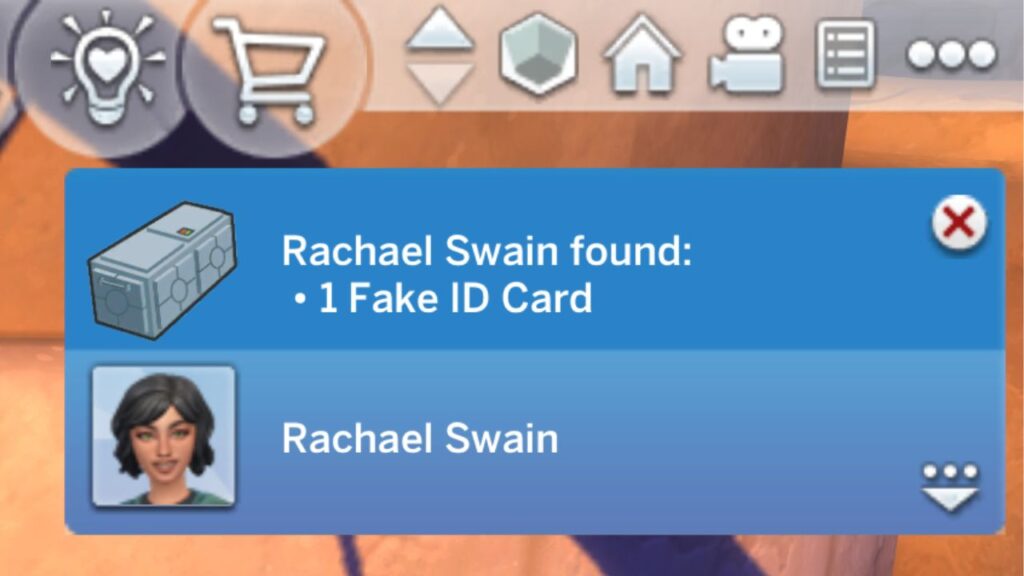 A screenshot from The Sims 4 showing a notification from my sim opening a supply crate and getting a fake ID card 