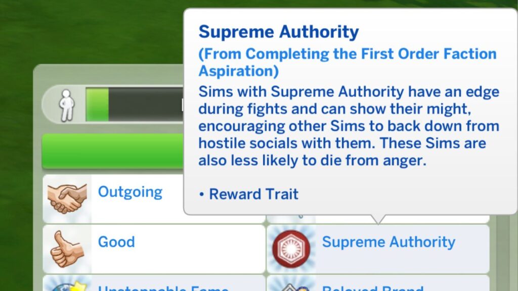 A screenshot from The Sims 4 showing the supreme authority reward trait from the enforcer aspiration 