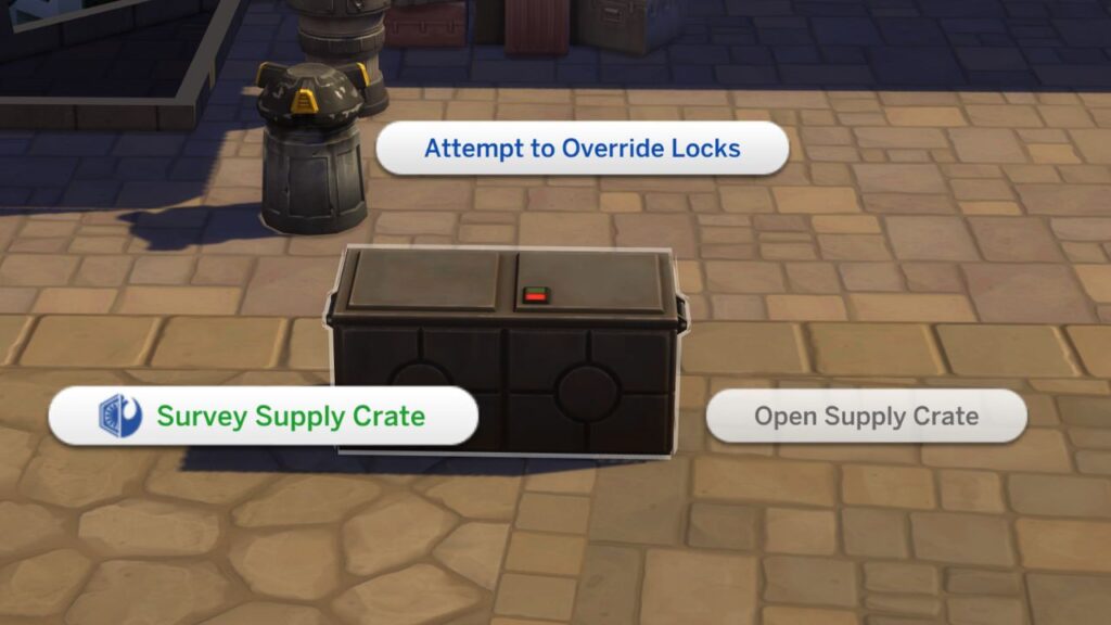 A screenshot from The Sims 4 showing the option to survey supply crates in the first order