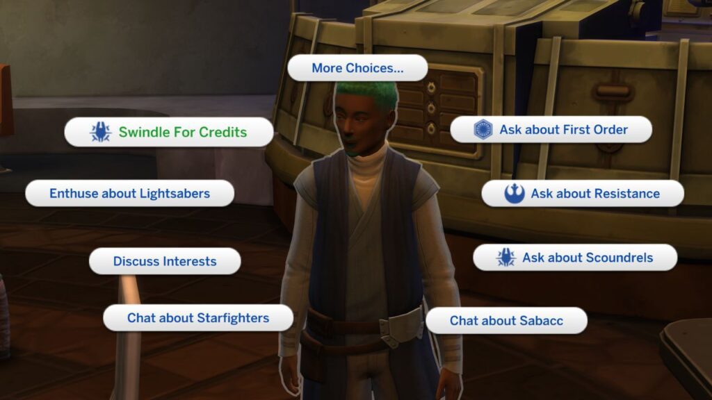 A screenshot from The Sims 4 showing how to swindle a sim for credits in Batuu