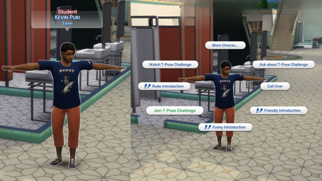 A screenshot from The Sims 4 showing a sim doing the t-pose challenge and the option to join them