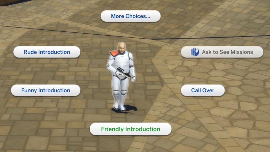 A screenshot from The Sims 4 showing how to chat with stormtroopers