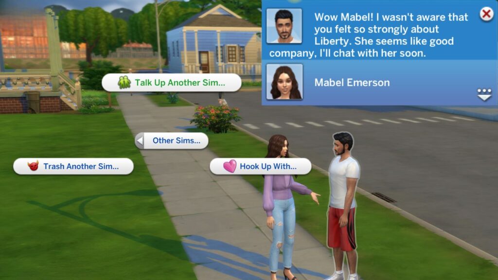 A screenshot from The Sims 4 showing the option to talk up another sim in the other sims relationship menu